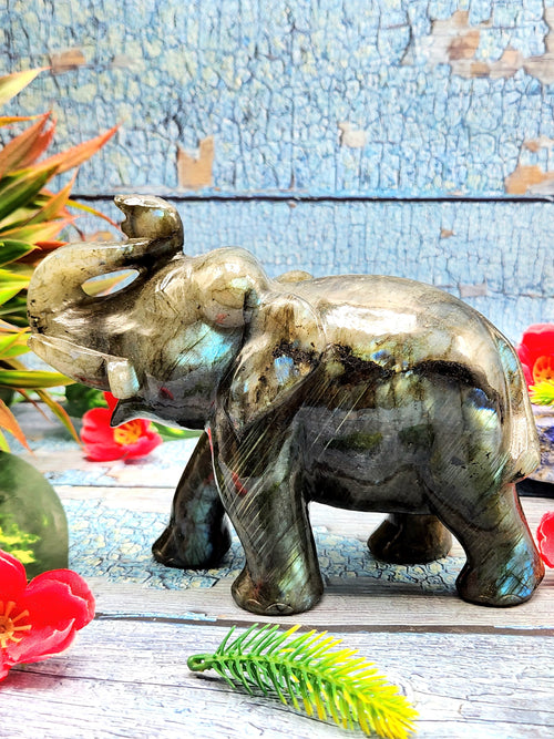 Home Décor - Labradorite carving of Elephant with beautiful flash - Elephant gifts | Animal figurines and hand carvings in labradorite - 5 inches