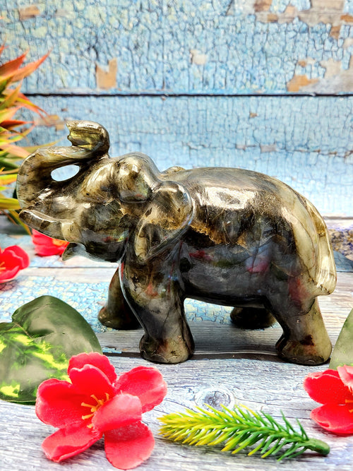 Natural fiery Labradorite carving of Elephant with beautiful flash - Elephant gifts, Animal figurines and hand carvings in labradorite - 4.5 inches