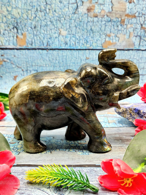 Natural fiery Labradorite carving of Elephant with beautiful flash - Elephant gifts, Animal figurines and hand carvings in labradorite - 4.5 inches