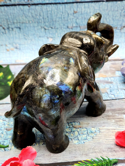 Labradorite animal carving of Elephant with beautiful flash - Elephant gifts, Animal figurines and hand carvings in labradorite - 5 inches