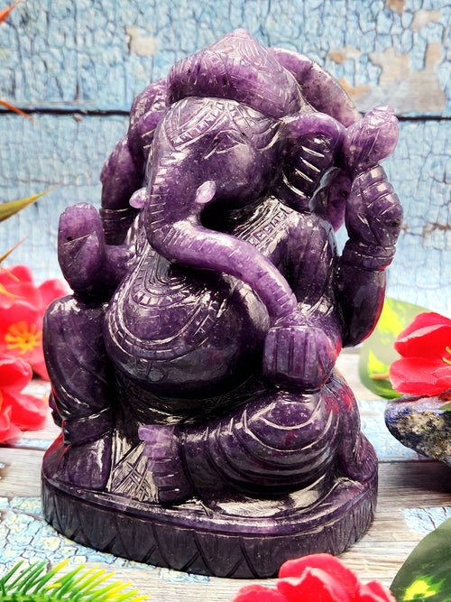Lepidolite gemstone crystal Handmade Carving of Ganesh - Lord Ganesha Idol in Crystals and Gemstones - Reiki/Chakra/Healing - 5 inch and 1.35 kg (2.97 lb)