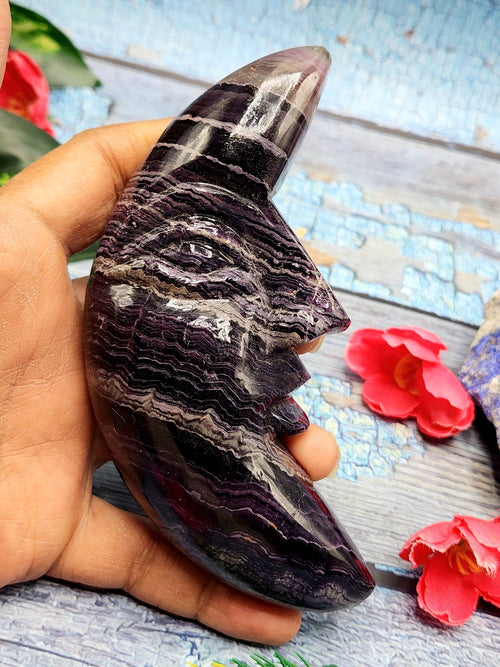 Purple fluorite natural stone hand carving of crescent moon - crystal/reiki/chakra/healing - 5 inches and 320 gms weight
