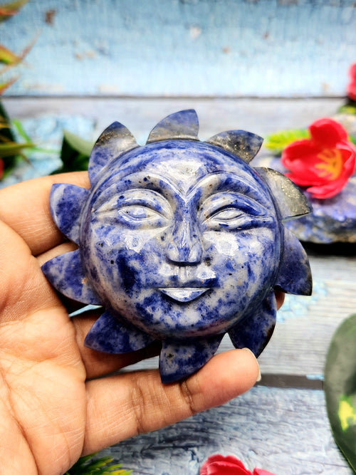 Sodalite natural stone hand carving of Sun - crystal/reiki/chakra/healing - 3.5 inches diameter and 165 gms weight