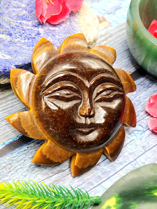 Tiger Eye natural stone hand carving of Sun - crystal/reiki/chakra/healing - 3.5 inches diameter and 155 gms weight