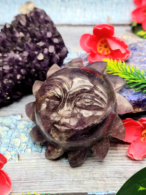 Sun face - Amethyst natural stone hand carving of Sun - crystal/reiki/chakra/healing - 3 inches diameter and 205 gms weight