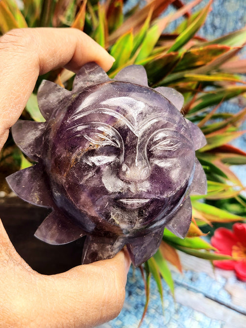 Sun face - Amethyst natural stone hand carving of Sun - crystal/reiki/chakra/healing - 3 inches diameter and 205 gms weight