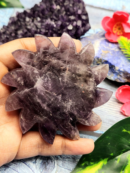 Sun face - Amethyst natural stone hand carving of Sun - crystal/reiki/chakra/healing - 3 inches diameter and 205 gms weight