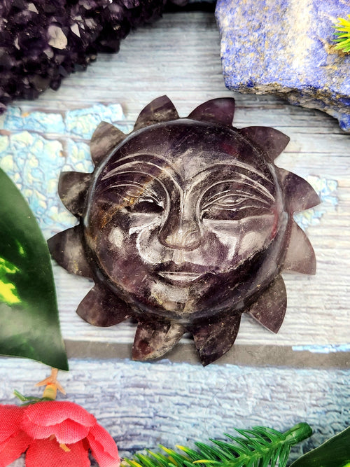 Sun face - Amethyst natural stone hand carving of Sun - crystal/reiki/chakra/healing - 3 inches diameter and 205 gms weight