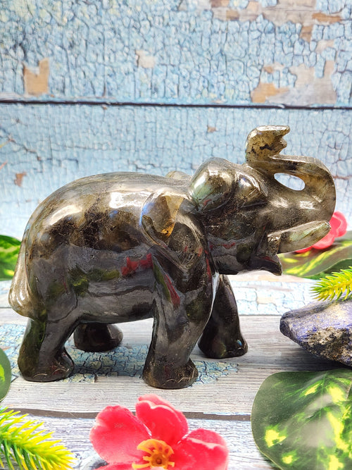 Black Rainbow moonstone or Labradorite carving of Elephant with beautiful flash - Elephant gifts, Animal figurines and hand carvings in labradorite - 4.5 inches
