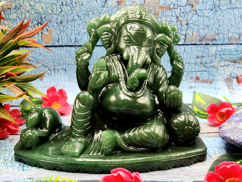 Home Décor Gift - Australian Green Aventurine Carving of Ganesh - Lord Ganesha Idol in Crystals/Gemstone - Reiki/Chakra/Healing - 6 in and 2.57 kg (5.65 lb)