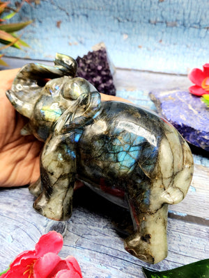 Natural fiery Labradorite carving of Elephant with beautiful flash - Elephant gifts, Animal figurines and hand carvings in labradorite - 4.5 inches