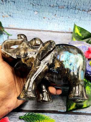 Amazing flashy Labradorite carving of Elephant - Elephant gifts, Animal figurines and hand carvings in labradorite - 5 inches