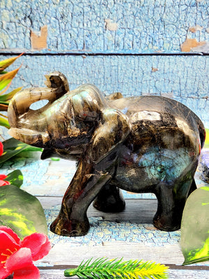 Amazing flashy Labradorite carving of Elephant - Elephant gifts, Animal figurines and hand carvings in labradorite - 5 inches