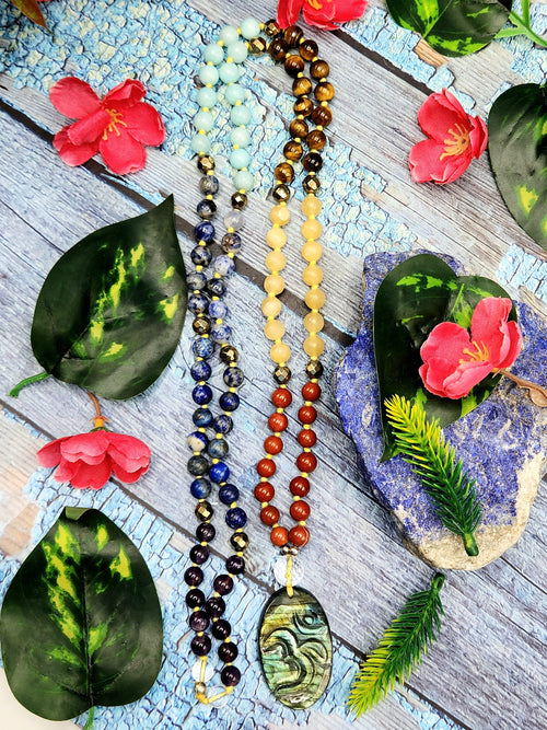 SCC6839 - Unique 7-chakra 109 bead necklace with labradorite Om pendant | gemstone/crystal jewelry | Mother's Day/Anniversary/Engagement/Birthday gift