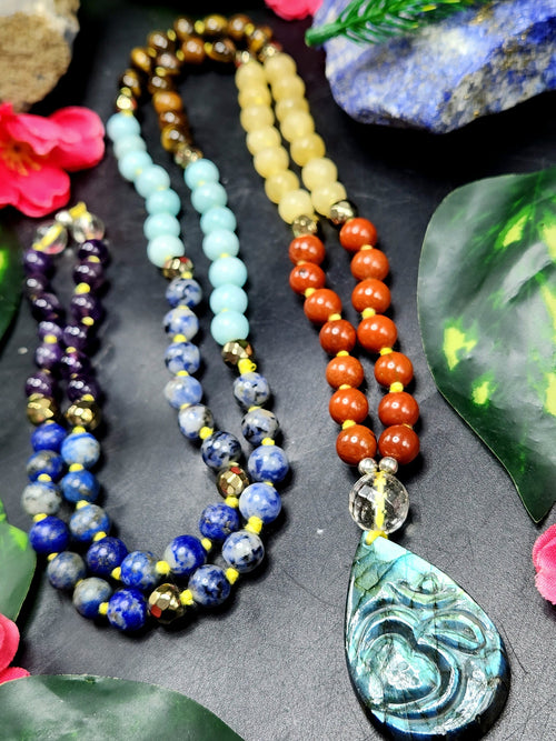 Unique 7-chakra 109 bead necklace with labradorite Om pendant mala | gemstone/crystal jewelry | Mother's Day/Anniversary/Engagement/Birthday gift