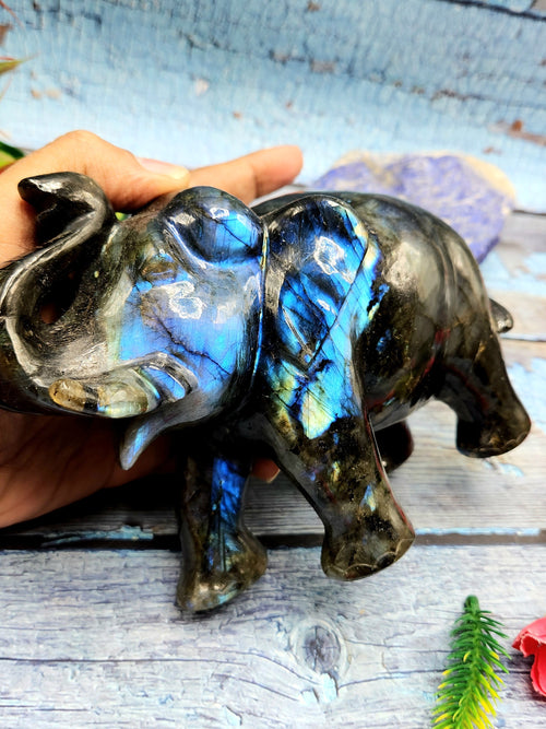 Labradorite animal carving of Elephant with beautiful flash - Elephant gifts, Animal figurines and hand carvings in labradorite - 5 inches