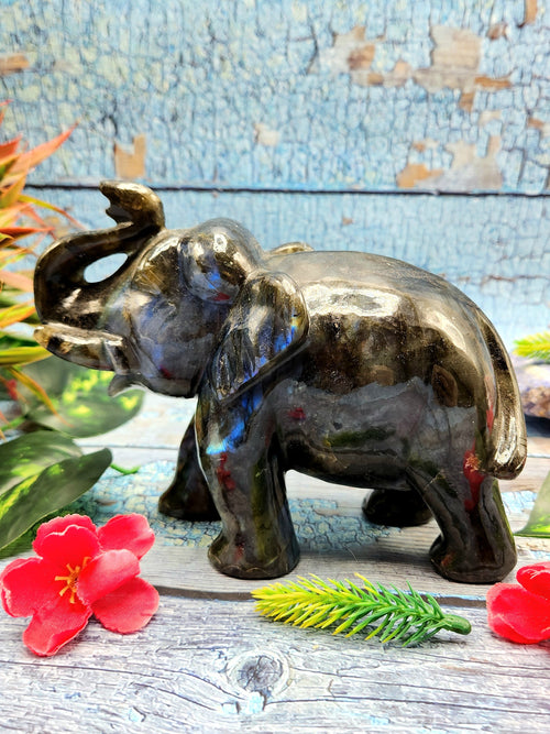 Labradorite animal carving of Elephant with beautiful flash - Elephant gifts, Animal figurines and hand carvings in labradorite - 5 inches