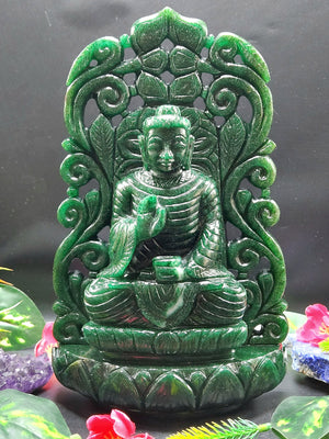 Back Arch based Buddha carving in Dark Green Aventurine - handmade carving of serene and meditating Lord Buddha -crystal/reiki - 11 in and 3.06 kg