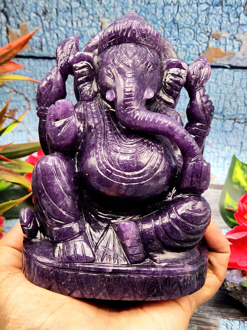 Lepidolite gemstone crystal Handmade Carving of Ganesh - Lord Ganesha Idol in Crystals and Gemstones - Reiki/Chakra/Healing - 5 inch and 1.35 kg (2.97 lb)