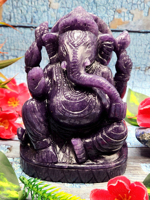 Lepidolite gemstone crystal Handmade Carving of Ganesh - Lord Ganesha Idol in Crystals and Gemstones - Reiki/Chakra/Healing - 5 inch and 1.35 kg (2.97 lb)