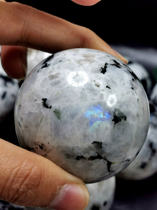 Rainbow Moonstone crystal  sphere - handmade carvings - energy/chakra/reiki - 2.5 inch (6.25 cms) dia and 250 gms (0.55 lb) - ONE PIECE ONLY