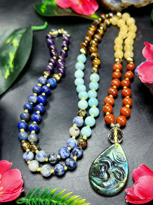 109 bead 7 Chakra mala with labradorite Om pendant | gemstone/crystal jewelry | Mother's Day/Anniversary/Engagement/Birthday gift