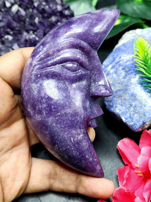 Lepidolite natural stone hand carving of crescent moon - crystal/reiki/chakra/healing - 4 inches and 182 gms weight