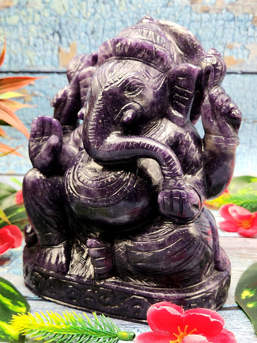 Hand carved Ganapati in Lepidolite gemstone - Lord Ganesha Idol in Crystals and Gemstones - Reiki/Chakra/Healing - 7 inch and 3.0 kg (6.60 lb)