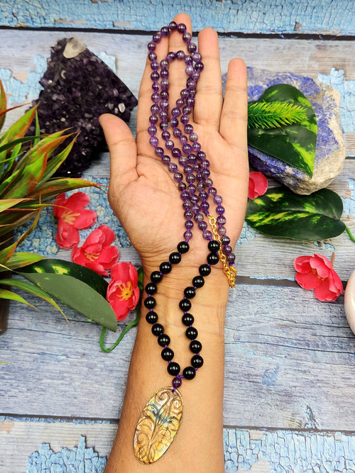 Black onyx and amethyst necklace with labradorite floral pendant | gemstone/crystal jewelry | Mother's Day/Birthday/Valentine's gift