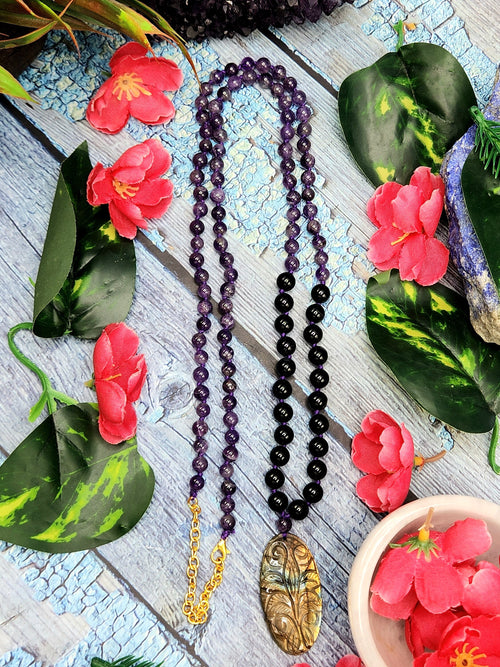 Black onyx and amethyst necklace with labradorite floral pendant | gemstone/crystal jewelry | Mother's Day/Birthday/Valentine's gift