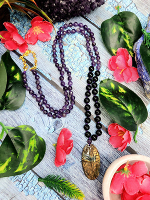 Black onyx and amethyst necklace with labradorite floral pendant | gemstone/crystal jewelry | Mother's Day/Birthday/Valentine's gift