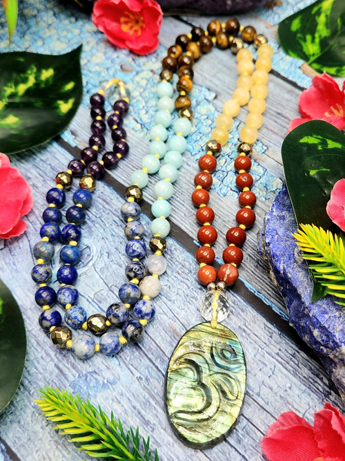 SCC6839 - Unique 7-chakra 109 bead necklace with labradorite Om pendant | gemstone/crystal jewelry | Mother's Day/Anniversary/Engagement/Birthday gift