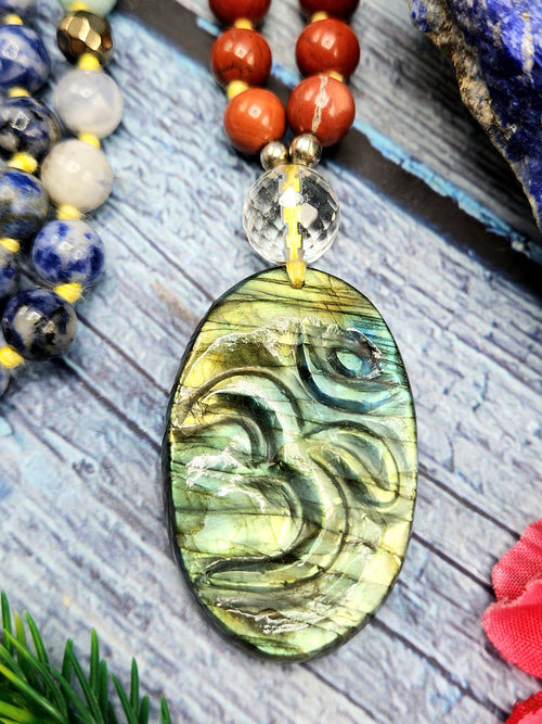 SCC6839 - Unique 7-chakra 109 bead necklace with labradorite Om pendant | gemstone/crystal jewelry | Mother's Day/Anniversary/Engagement/Birthday gift