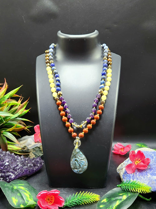 Unique 7-chakra 109 bead necklace with labradorite Om pendant mala | gemstone/crystal jewelry | Mother's Day/Anniversary/Engagement/Birthday gift