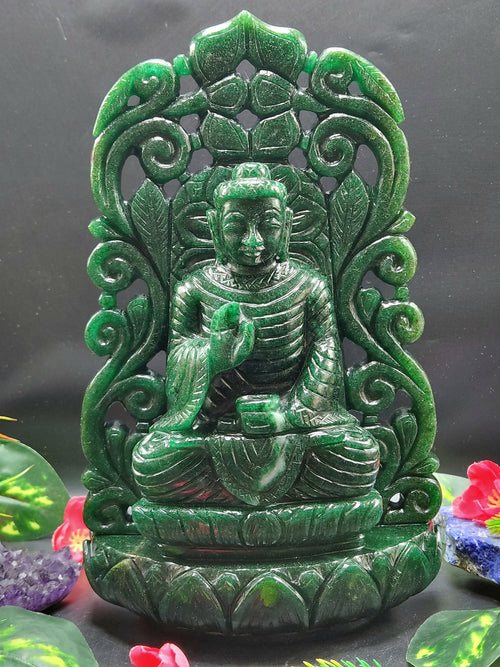 Back Arch based Buddha carving in Dark Green Aventurine - handmade carving of serene and meditating Lord Buddha -crystal/reiki - 11 in and 3.06 kg