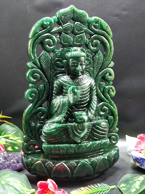 Back Arch based Buddha carving in Dark Green Aventurine - handmade carving of serene and meditating Lord Buddha -crystal/reiki - 11 in and 3.06 kg