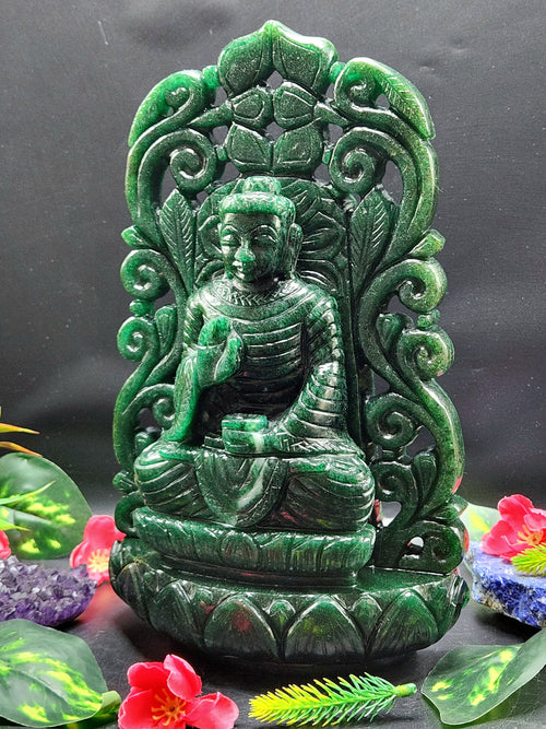 Back Arch based Buddha carving in Dark Green Aventurine - handmade carving of serene and meditating Lord Buddha -crystal/reiki - 11 in and 3.06 kg