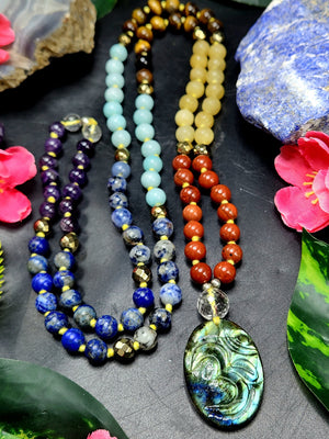 scc6841- Unique 7-chakra 109 bead necklace with labradorite Om pendant | gemstone/crystal jewelry | Mother's Day/Anniversary/Engagement/Birthday gift