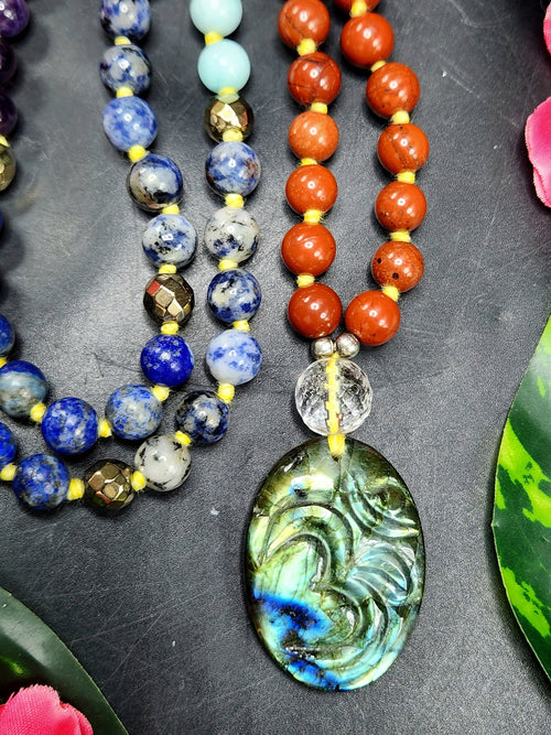 scc6841- Unique 7-chakra 109 bead necklace with labradorite Om pendant | gemstone/crystal jewelry | Mother's Day/Anniversary/Engagement/Birthday gift