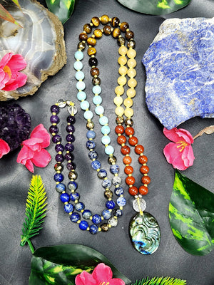 scc6841- Unique 7-chakra 109 bead necklace with labradorite Om pendant | gemstone/crystal jewelry | Mother's Day/Anniversary/Engagement/Birthday gift