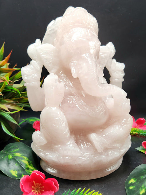 Big Ganesh Statue hand carved in Rose Quartz - Lord Ganesha Idol |Sculpture in Crystals and Gemstones -Reiki/Chakra - 10 inch and 4.26 kgs