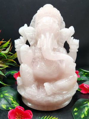Big Ganesh Statue hand carved in Rose Quartz - Lord Ganesha Idol |Sculpture in Crystals and Gemstones -Reiki/Chakra - 10 inch and 4.26 kgs