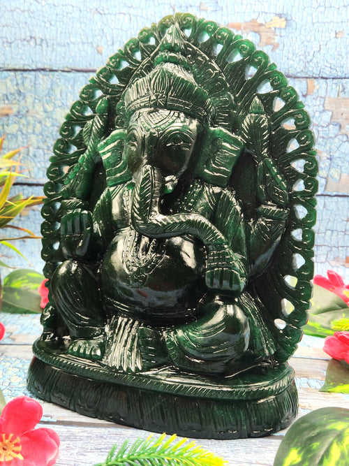 Ganapati idol carving in Dark Green Aventurine - Lord Ganesha Idol in Crystals/Gemstone - Reiki/Chakra/Healing/Energy - 9 in and 2.94 kg (6.47 lb)