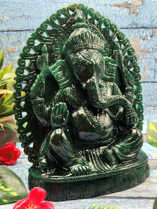 Ganapati idol carving in Dark Green Aventurine - Lord Ganesha Idol in Crystals/Gemstone - Reiki/Chakra/Healing/Energy - 9 in and 2.94 kg (6.47 lb)