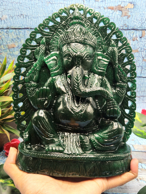 Ganapati idol carving in Dark Green Aventurine - Lord Ganesha Idol in Crystals/Gemstone - Reiki/Chakra/Healing/Energy - 9 in and 2.94 kg (6.47 lb)