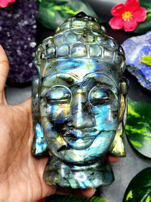 Labradorite or Black Rainbow Gemstone Buddha Head - handmade carving of serene and meditating Lord Buddha - crystal/reiki/chakra - 6 inches and 1.23 kgs