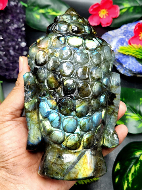 Labradorite or Black Rainbow Gemstone Buddha Head - handmade carving of serene and meditating Lord Buddha - crystal/reiki/chakra - 6 inches and 1.23 kgs