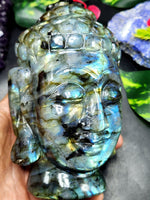 Labradorite or Black Rainbow Gemstone Buddha Head - handmade carving of serene and meditating Lord Buddha - crystal/reiki/chakra - 6 inches and 1.23 kgs