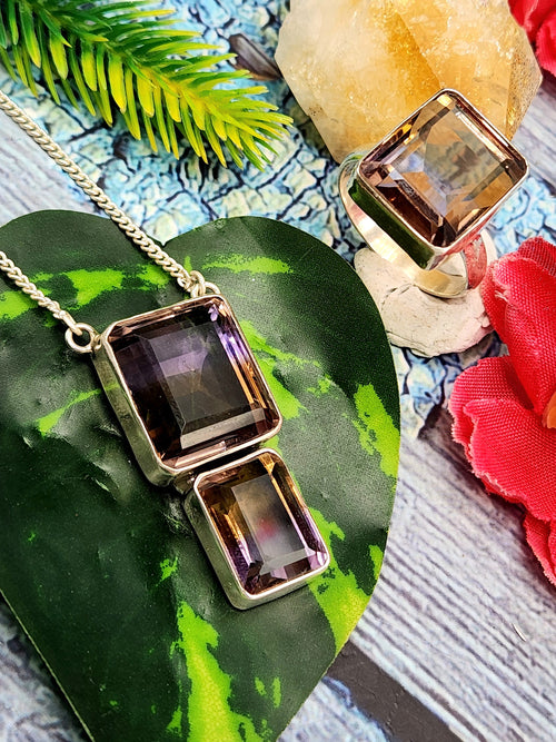 Stunning ametrine jewelry set (necklace/ring) in 925 sterling silver - gemstone/crystal jewelry | Mother's Day/anniversary/occasion gift