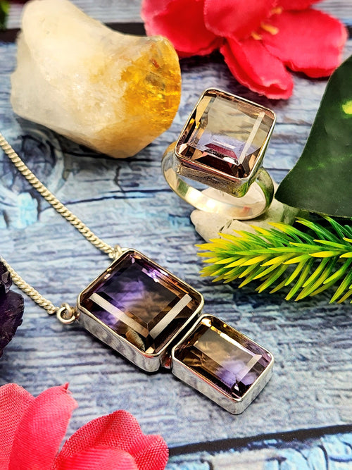 Stunning ametrine jewelry set (necklace/ring) in 925 sterling silver - gemstone/crystal jewelry | Mother's Day/anniversary/occasion gift